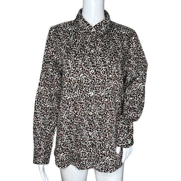 Foxcroft Shirt Womens 12 Brown Black Cheetah Print‎ Button Up Casual Work Office - Picture 1 of 8